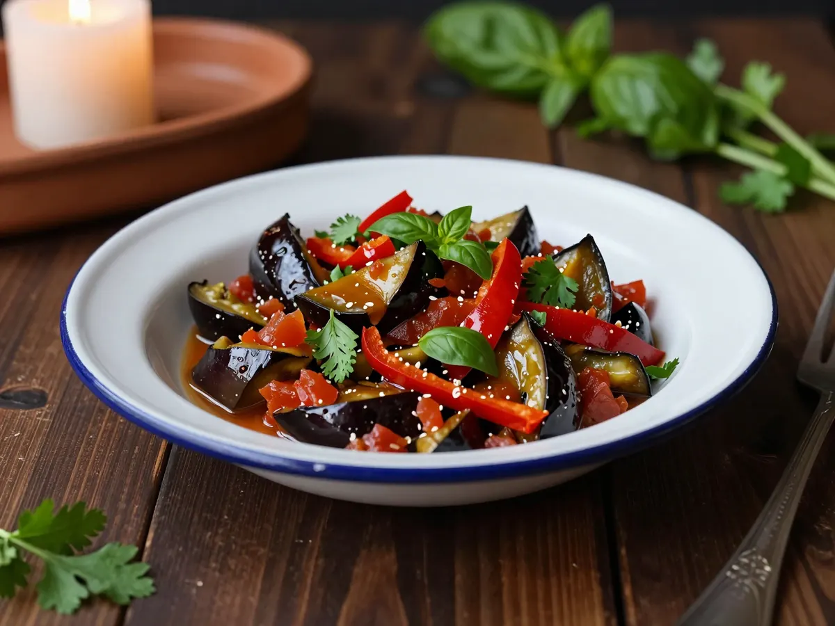 AI-generated photograph: A glossy heap of soft stewed aubergine, red pepper and tomato in a wide shallow white enamel dish with a dark rim, scattered with torn green basil and coriander, seen from a low three quarter angle