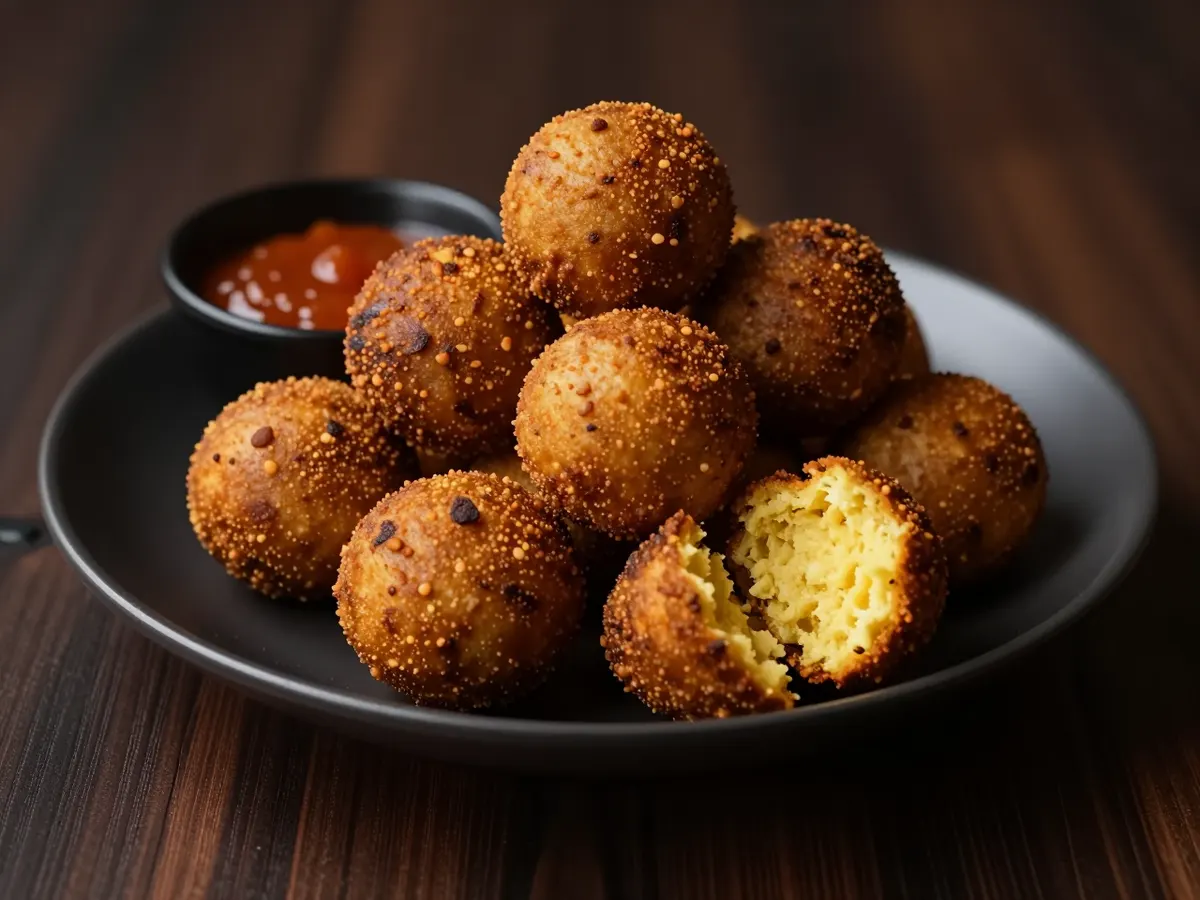 AI-generated photograph: Golden round akara fritters stacked on a small matte cream plate, one broken open to show the fluffy pale inside flecked with red chilli