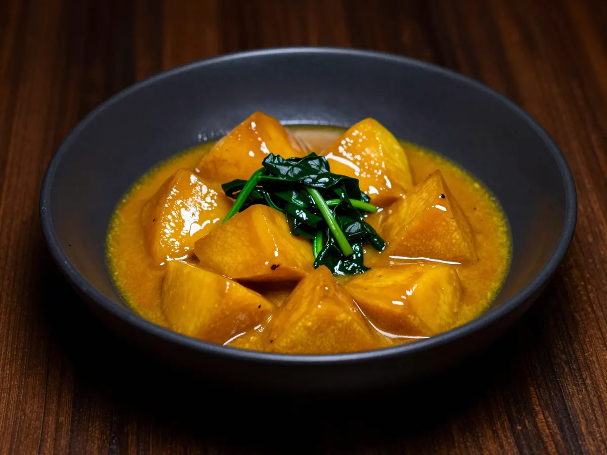 AI-generated photograph: Golden orange yam pottage in a wide shallow black bowl, soft chunks of yam in a thick glossy sauce, a ribbon of dark green spinach through the middle