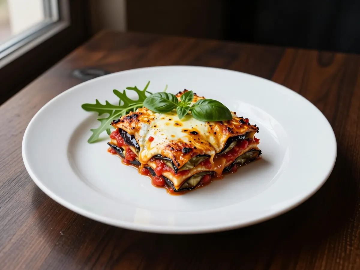 AI-generated photograph: A neat square of aubergine parmigiana on a white plate showing its layers of aubergine, red tomato sauce and melted mozzarella, a golden blistered top, a basil leaf and a small pile of rocket