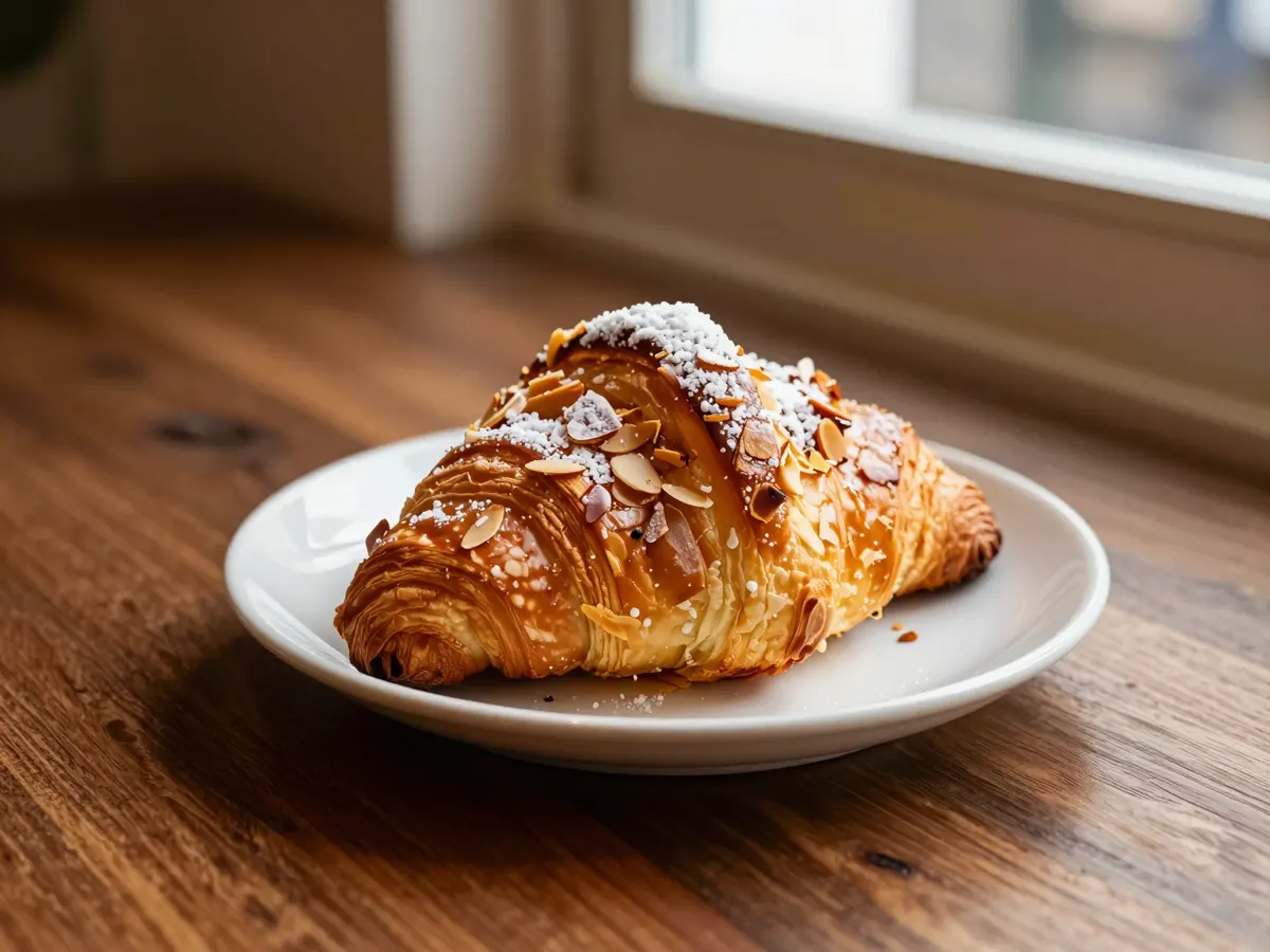 AI-generated photograph: An almond croissant dusted with icing sugar
