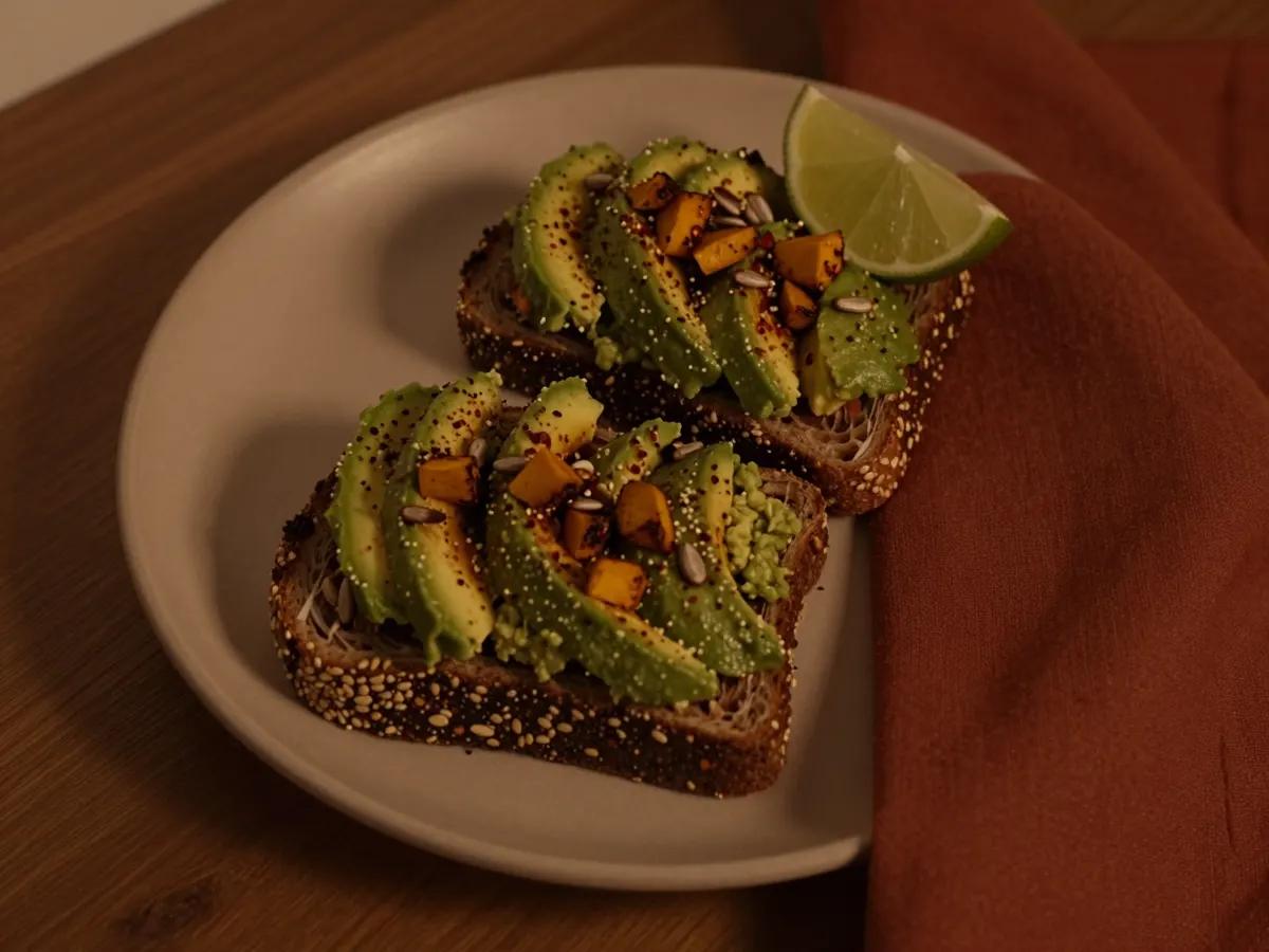 AI-generated photograph: Avocado on dark rye toast with chilli and seeds