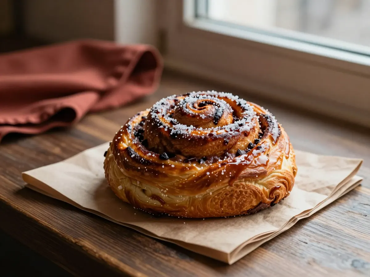 AI-generated photograph: A single swirled cinnamon bun on a paper napkin