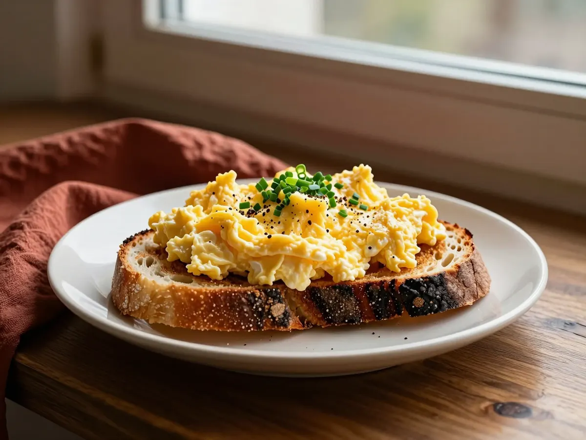 AI-generated photograph: Scrambled eggs on thick toasted sourdough