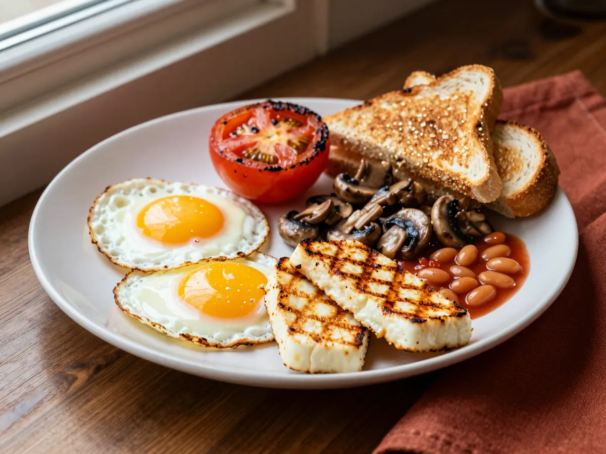 AI-generated photograph: A full vegetarian breakfast on a large plate