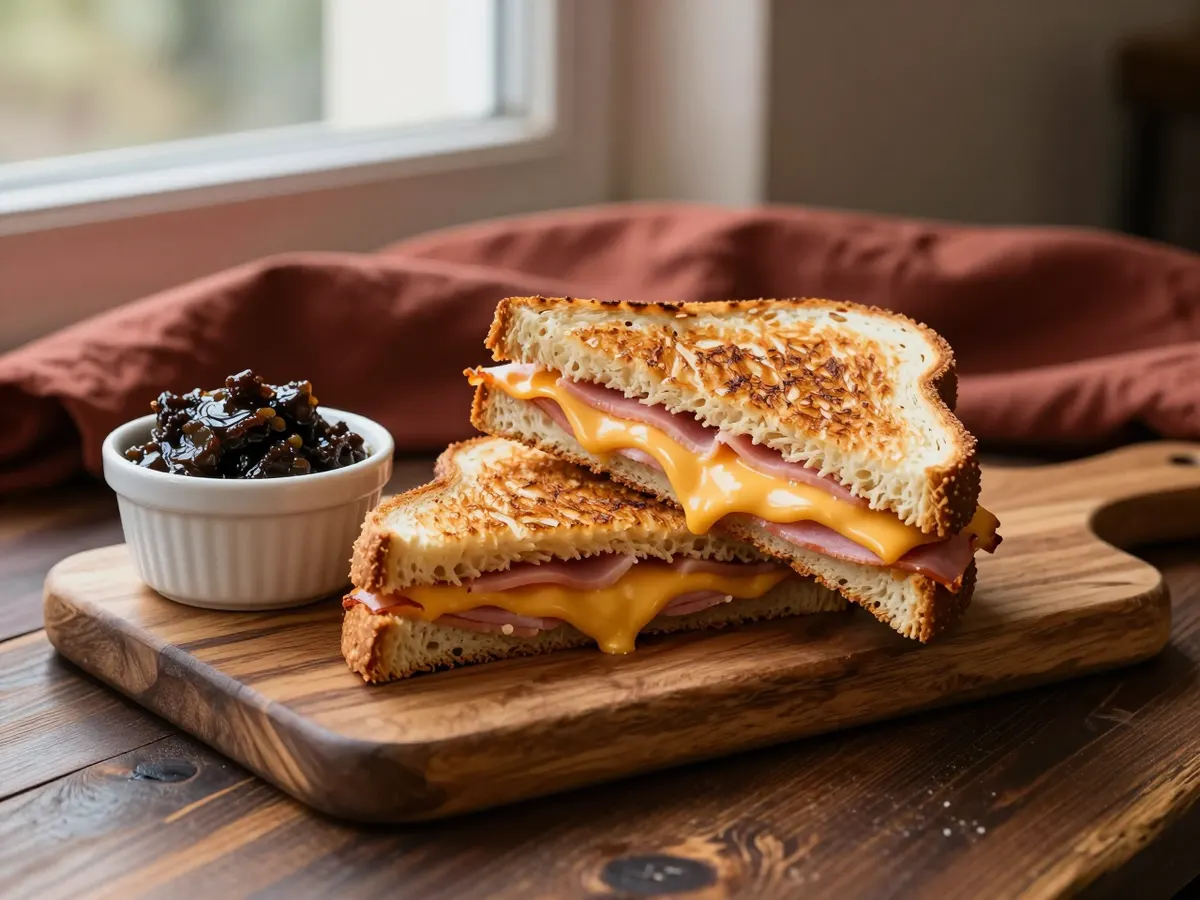 AI-generated photograph: A golden toastie cut in half showing melted cheese