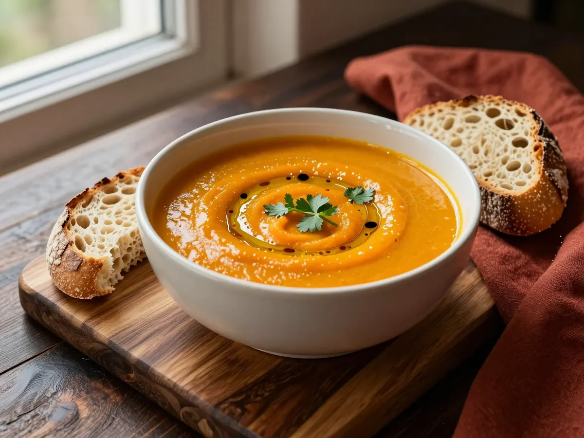 AI-generated photograph: A bowl of vegetable soup with a hunk of bread