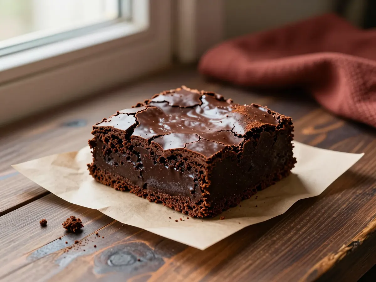 AI-generated photograph: A square chocolate brownie with a crackled top