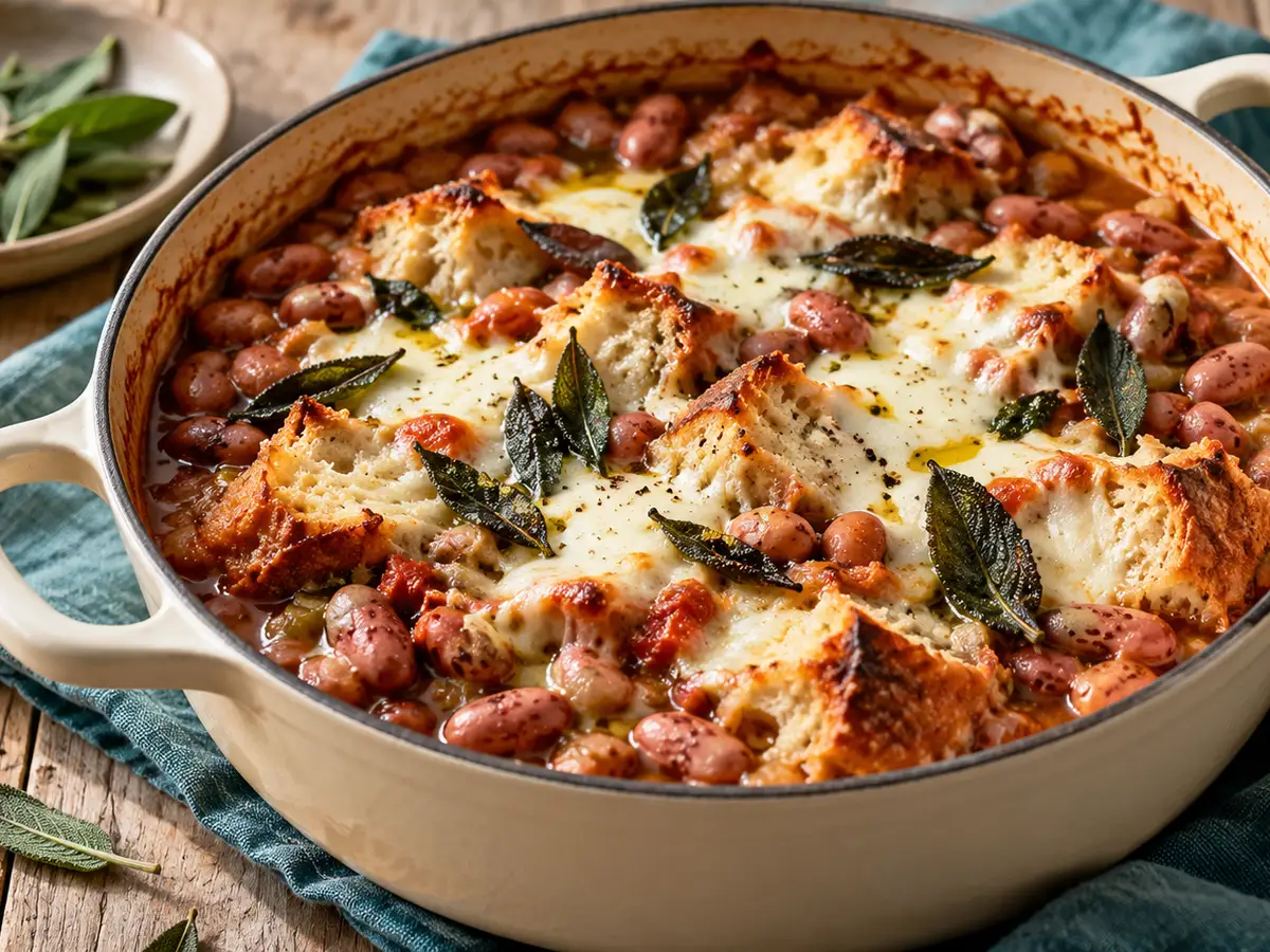 AI-generated photograph: A casserole of bean and bread soup topped with melted mozzarella and sage