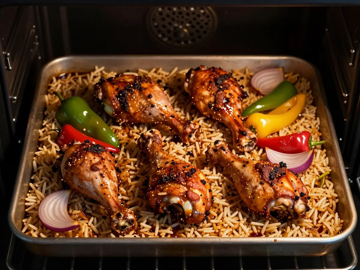 AI-generated photograph: A roasting tray of Cajun chicken legs, peppers and rice