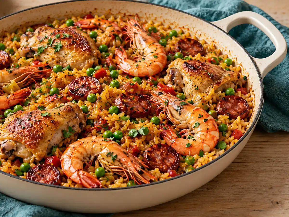 AI-generated photograph: A wide pan of paella with chicken, chorizo, peas and prawns
