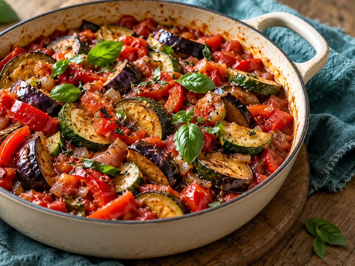 AI-generated photograph: A pan of ratatouille with aubergine, courgette and basil