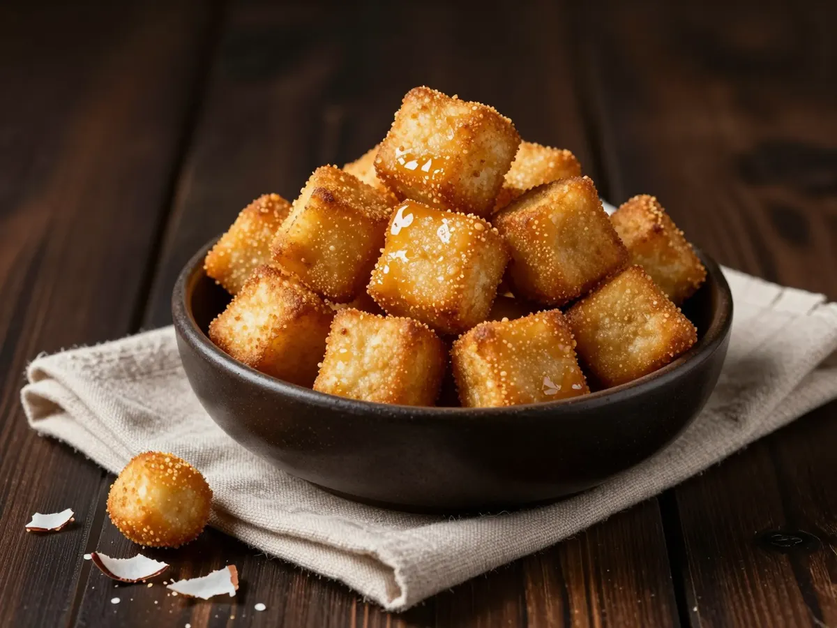 AI-generated photograph: A small heap of golden crunchy chin chin squares in a shallow hand thrown dark stoneware bowl, a whole nutmeg and a fine grating of it beside them on a linen napkin
