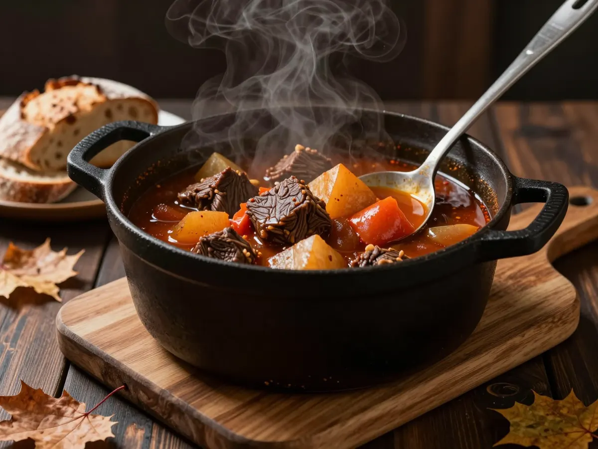 AI-generated photograph: A steaming pot of stew on a wooden board