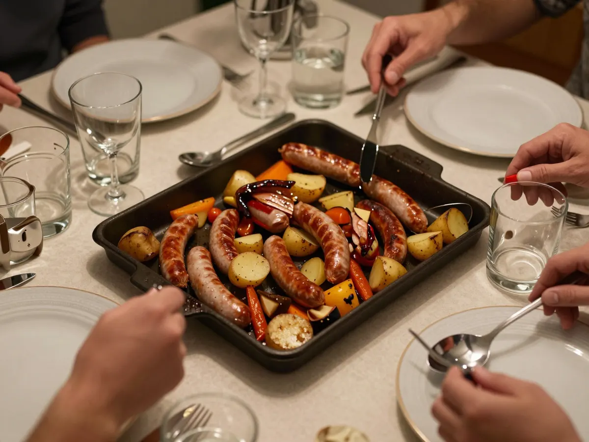 AI-generated photograph: A big tray bake in the middle of a family table