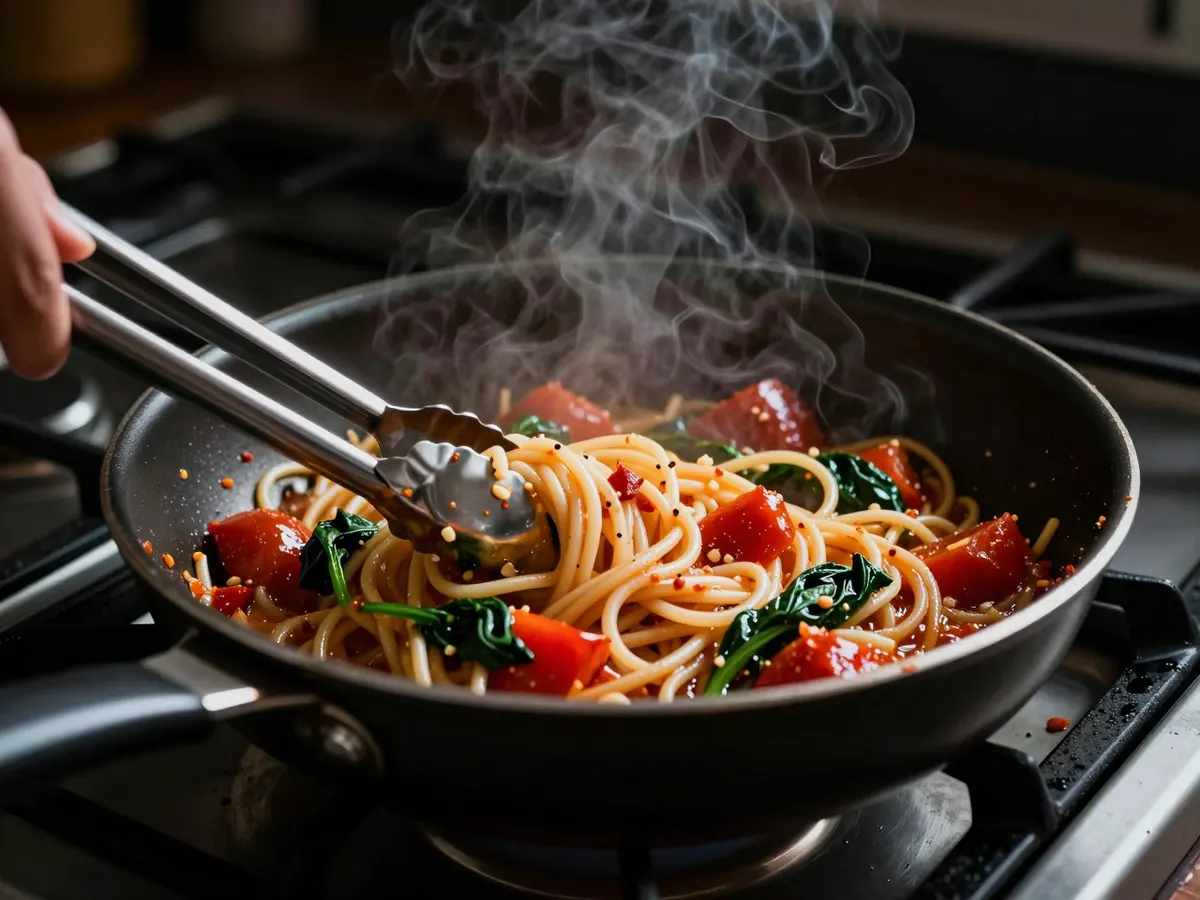 AI-generated photograph: A quick pasta dinner in a hot pan