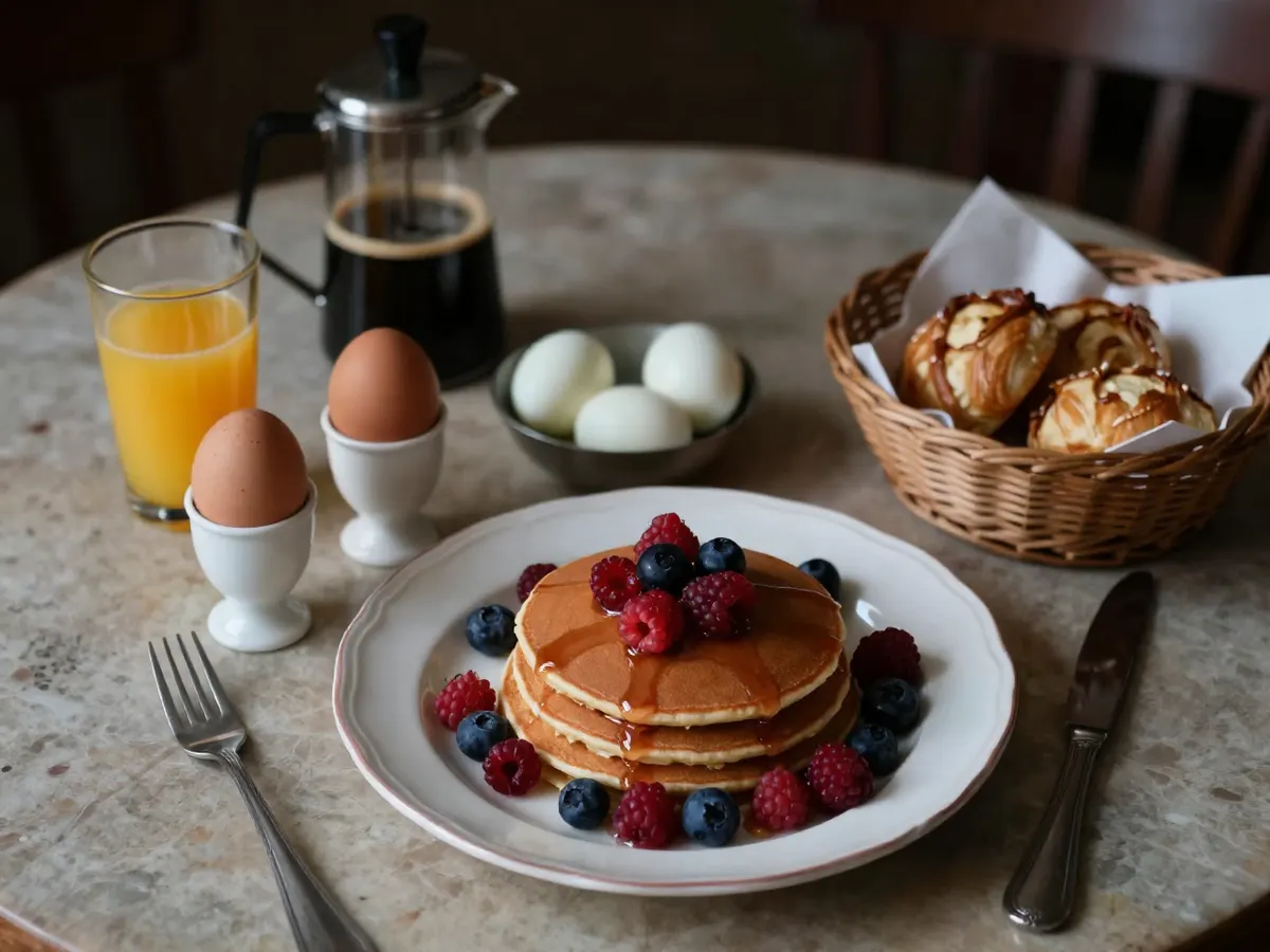 AI-generated photograph: A weekend brunch table with pancakes and eggs
