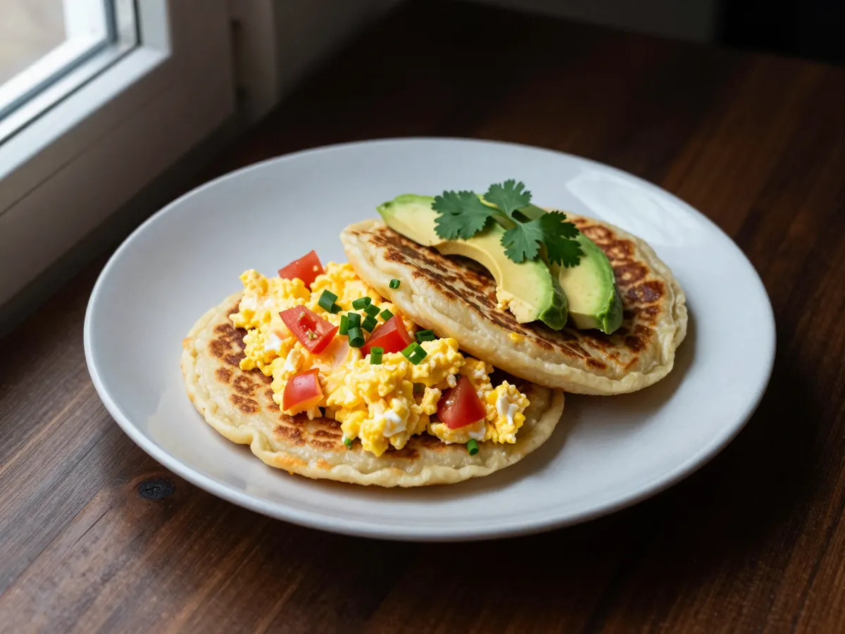 AI-generated photograph: Two golden griddled corn arepas on a pale blue enamel plate with a soft heap of scrambled eggs flecked with red tomato and green spring onion, fanned avocado slices and coriander leaves