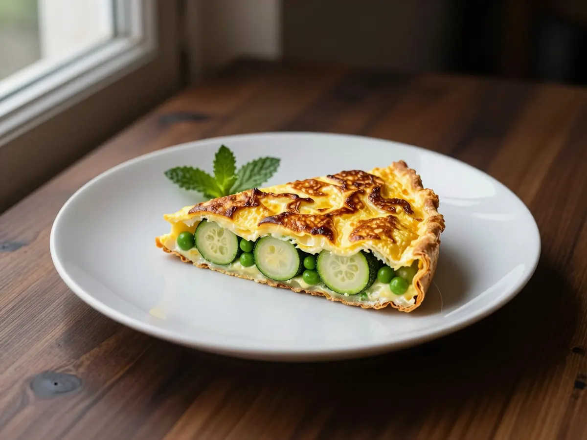 AI-generated photograph: A thick golden frittata wedge on a round matte white plate, rings of green courgette and bright peas visible in the cut side, a small tangle of dark rocket, a scatter of mint and a lemon wedge