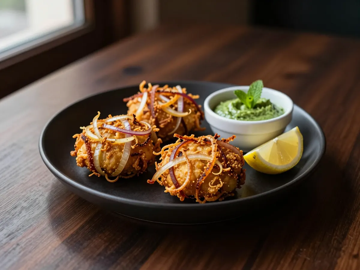 AI-generated photograph: Three golden, lacy onion bhajis stacked on a matte charcoal plate, a wedge of lemon and a few coriander leaves beside them