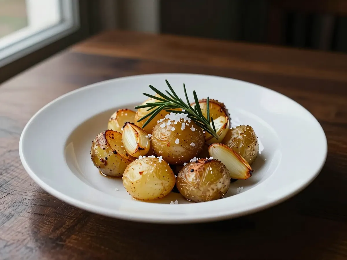 AI-generated photograph: Golden, crackled roast potatoes piled in a shallow white enamel dish, crisp rosemary sprigs and soft roasted garlic cloves tucked between them, flakes of sea salt on top