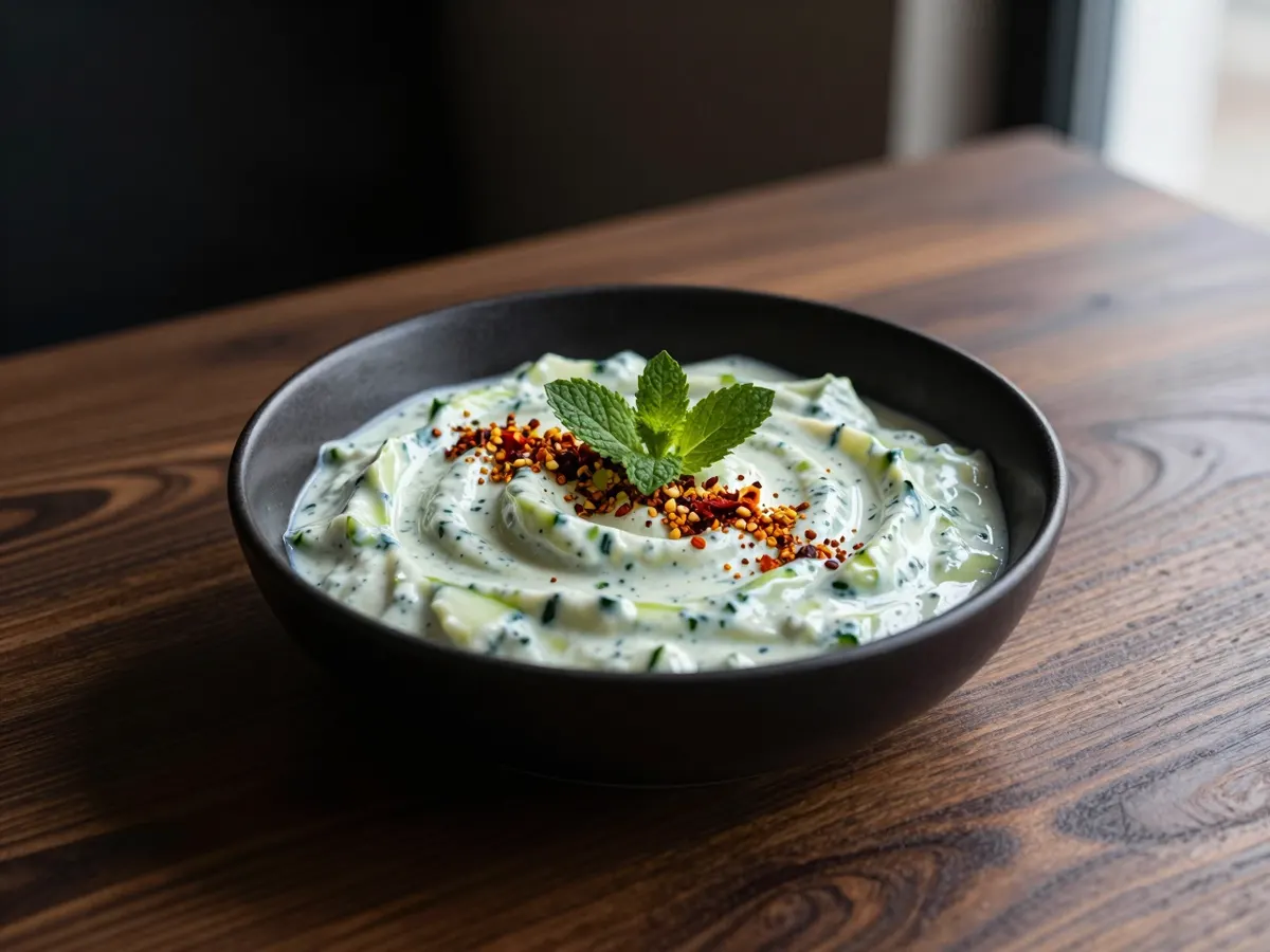 AI-generated photograph: Pale green flecked cucumber raita swirled in a small black stoneware bowl, a dusting of red chilli and crushed cumin on top and a single sprig of mint