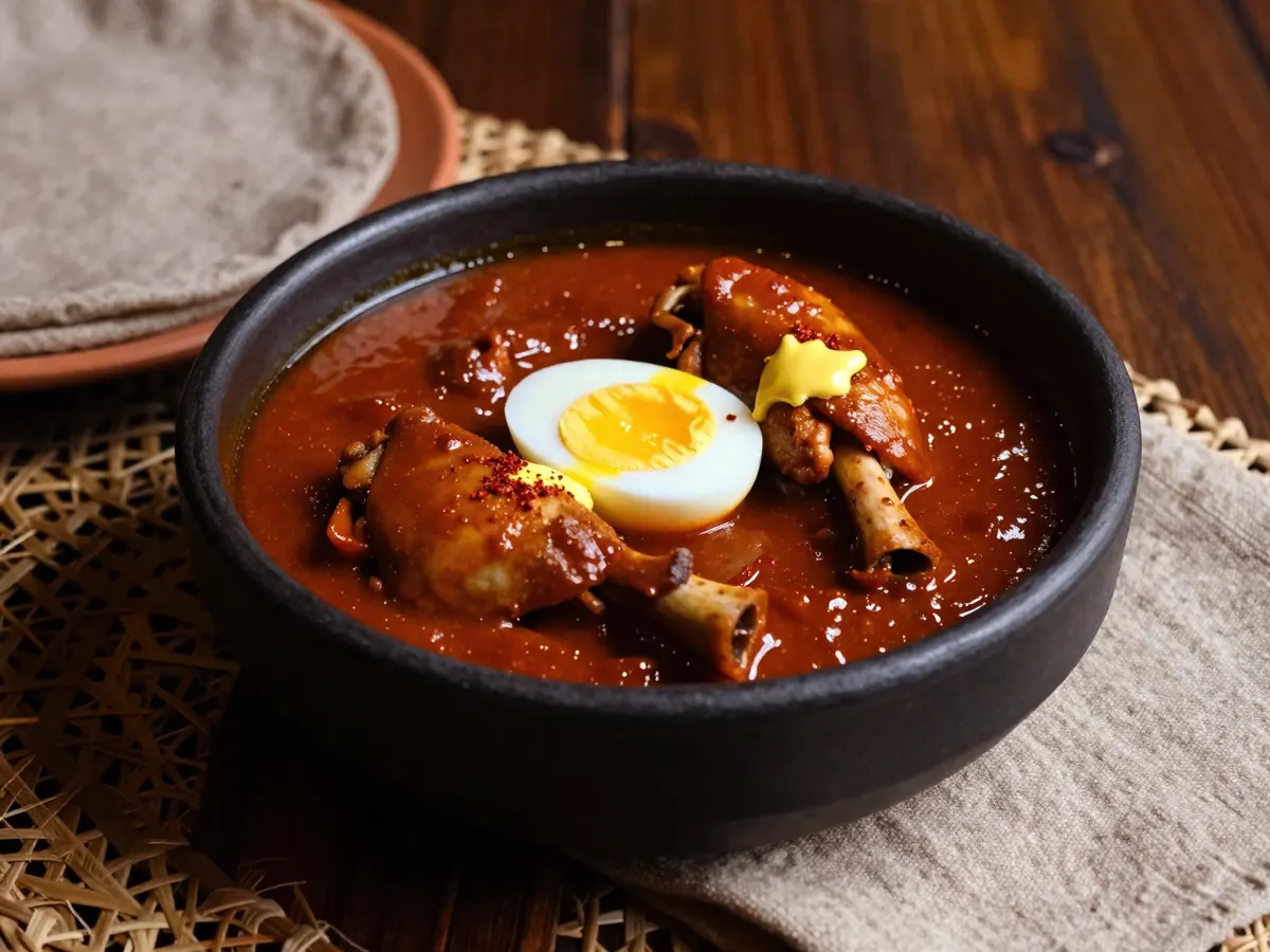 AI-generated photograph: A deep glossy brick red stew in a wide shallow black clay bowl, two chicken thighs and a halved boiled egg with a bright yolk resting in the thick sauce, a sheen of spiced butter on top, seen from a three quarter angle, a round of pale grey injera folded at the edge of the dark table