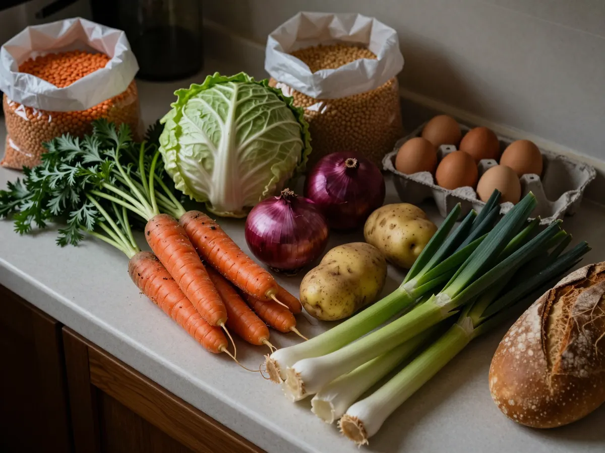 AI-generated photograph: A weekly meal plan on a fridge beside fresh vegetables