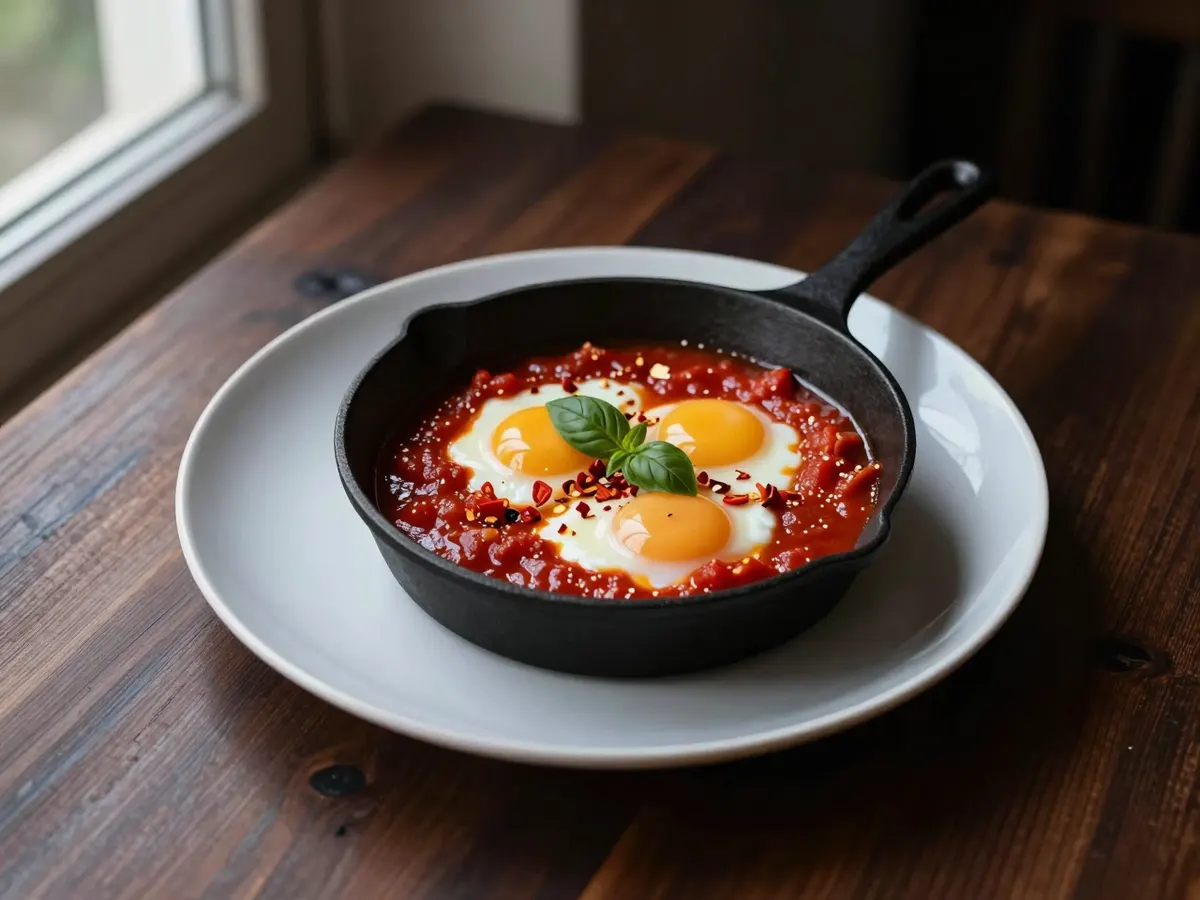 AI-generated photograph: A small black cast iron pan of deep red tomato sauce with soft white eggs and golden yolks set into it, a scatter of torn basil and flakes of red chilli