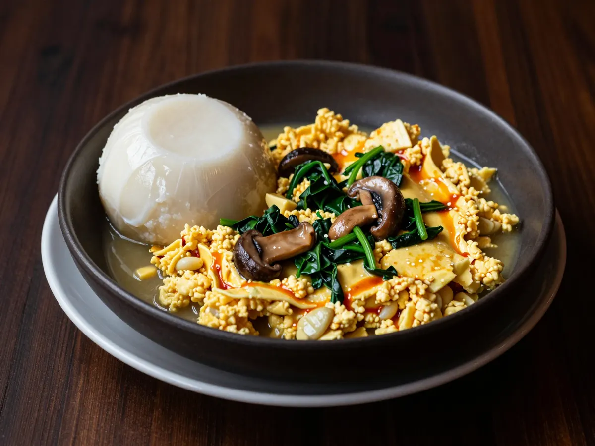 AI-generated photograph: Egusi soup in a wide white bowl, golden curds and deep green spinach in a red palm oil sauce, with a smooth dome of pounded yam on a small matte plate beside it