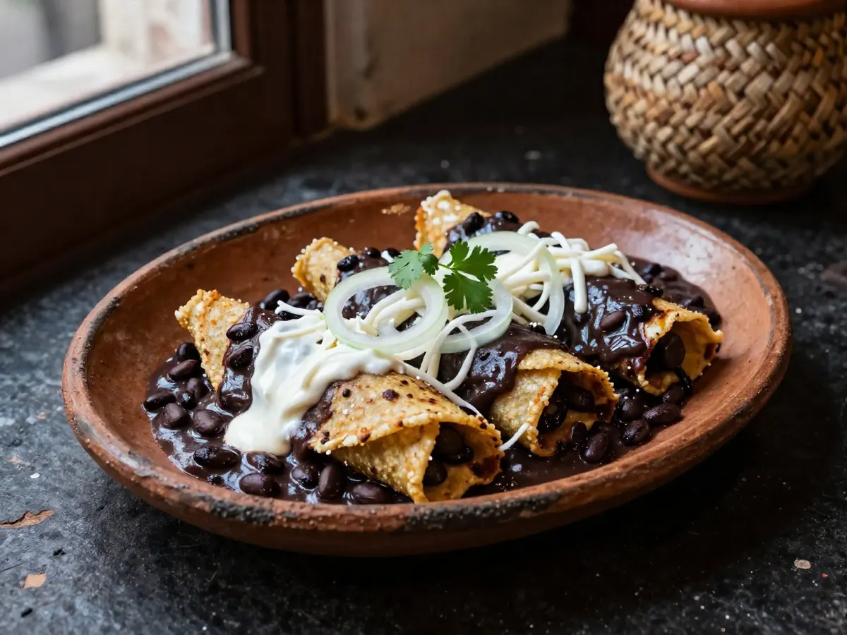 AI-generated photograph: Folded corn tortillas cloaked in smooth black bean sauce on an oval terracotta platter, with a drizzle of white cream, rings of red onion and coriander leaves