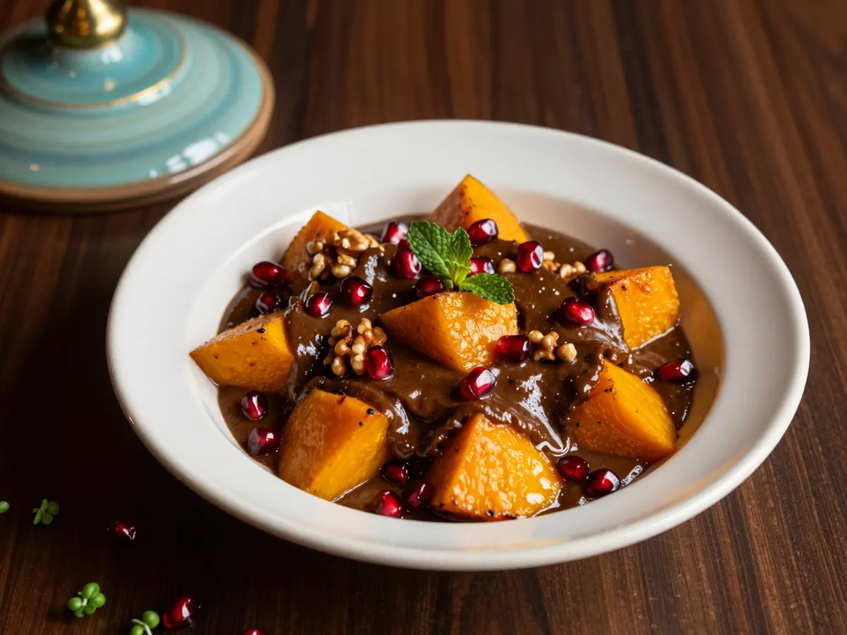 AI-generated photograph: Golden chunks of roast butternut squash half covered in a thick, glossy chocolate brown walnut and pomegranate sauce in a cream ceramic bowl, scattered with ruby pomegranate seeds and small mint leaves