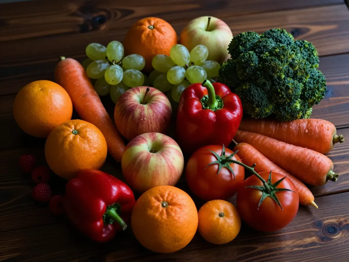 AI-generated photograph: A colourful spread of fruit and vegetables on a table