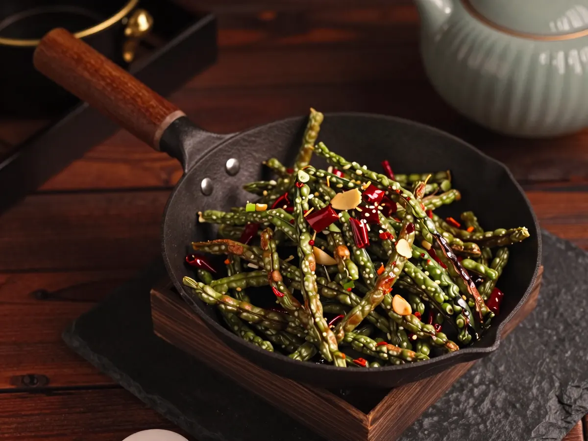 AI-generated photograph: A tangle of blistered, wrinkled dark green beans with browned patches in a small black carbon steel wok pan, flecked with red chilli pieces, garlic slices and spring onion, seen from directly above