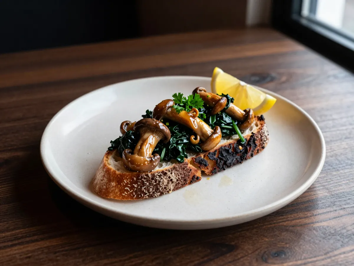 AI-generated photograph: A thick slice of charred sourdough on a speckled cream plate, piled high with golden glossy mushrooms over dark wilted spinach, flecks of green parsley and a lemon wedge