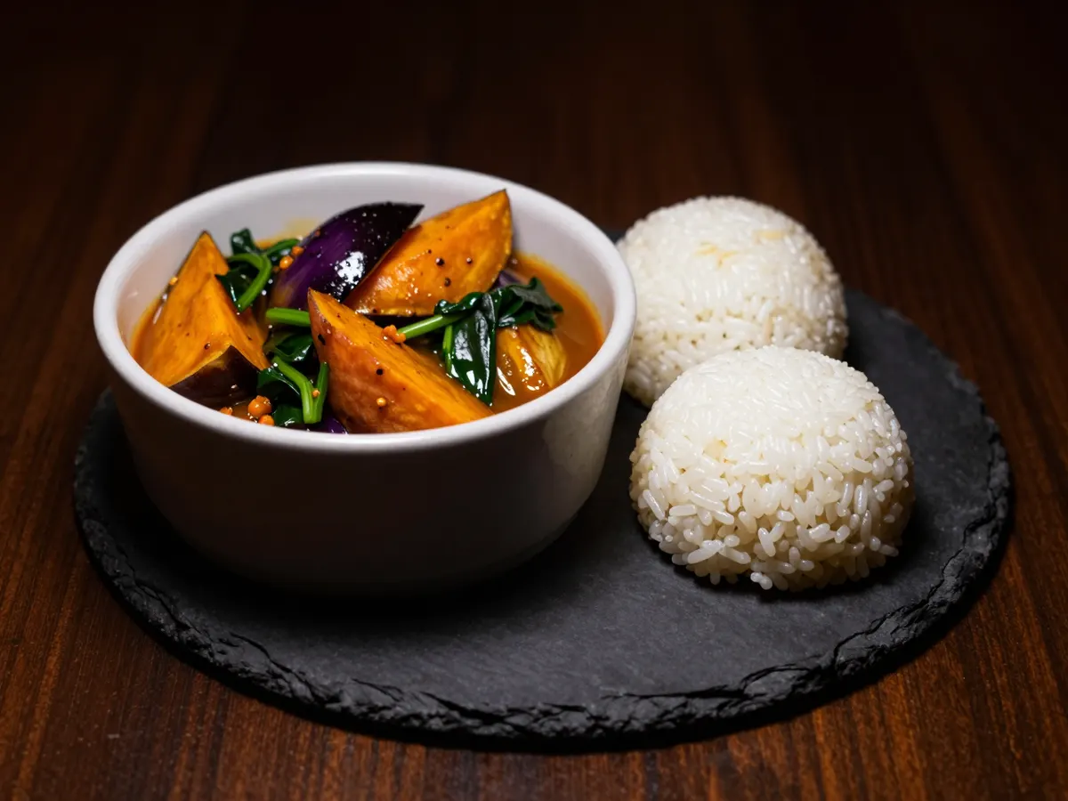 AI-generated photograph: Burnt orange groundnut stew in a wide stoneware bowl with sweet potato, aubergine and spinach, beside two smooth white rice balls on a small slate plate