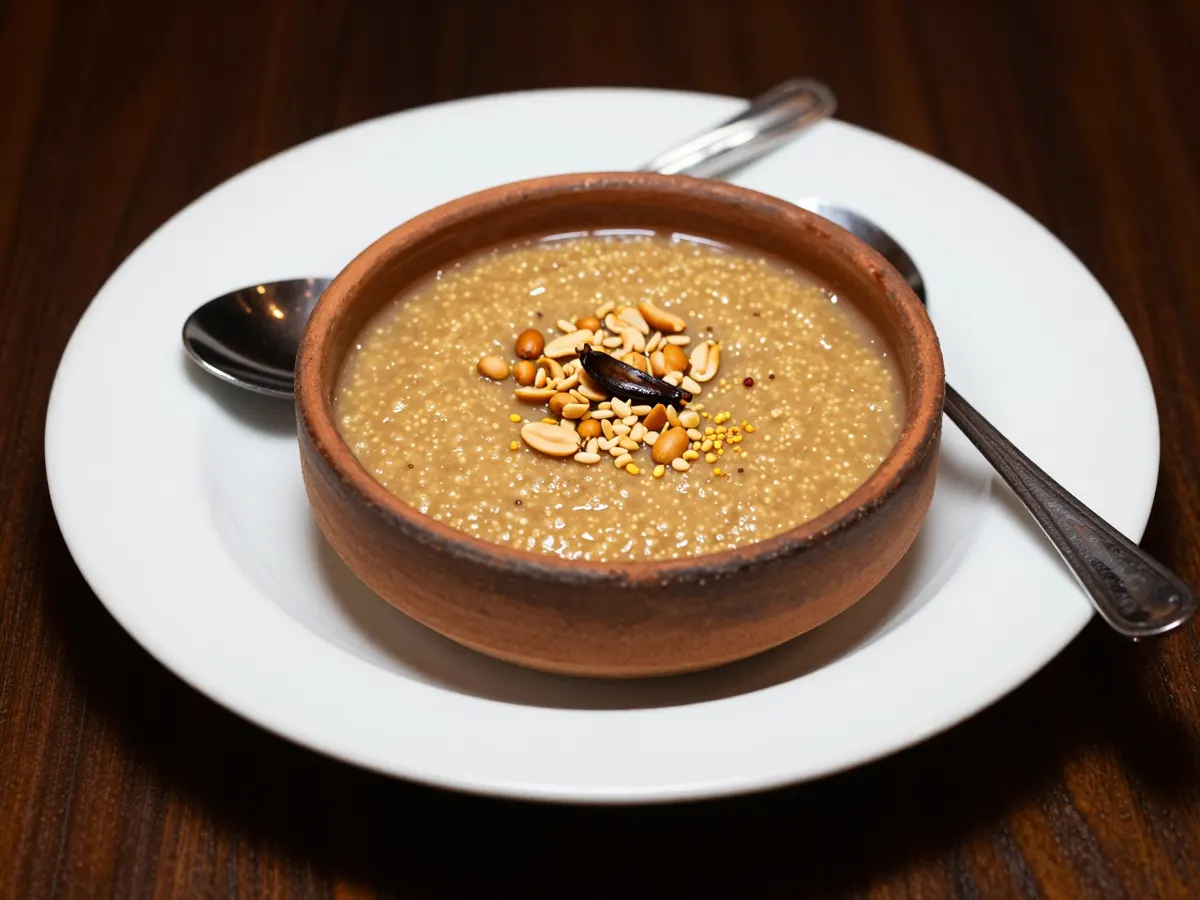 AI-generated photograph: Smooth, tawny millet porridge in a deep hand thrown clay bowl, a scatter of chopped toasted peanuts and a single whole clove on top, a small spoon resting at the side