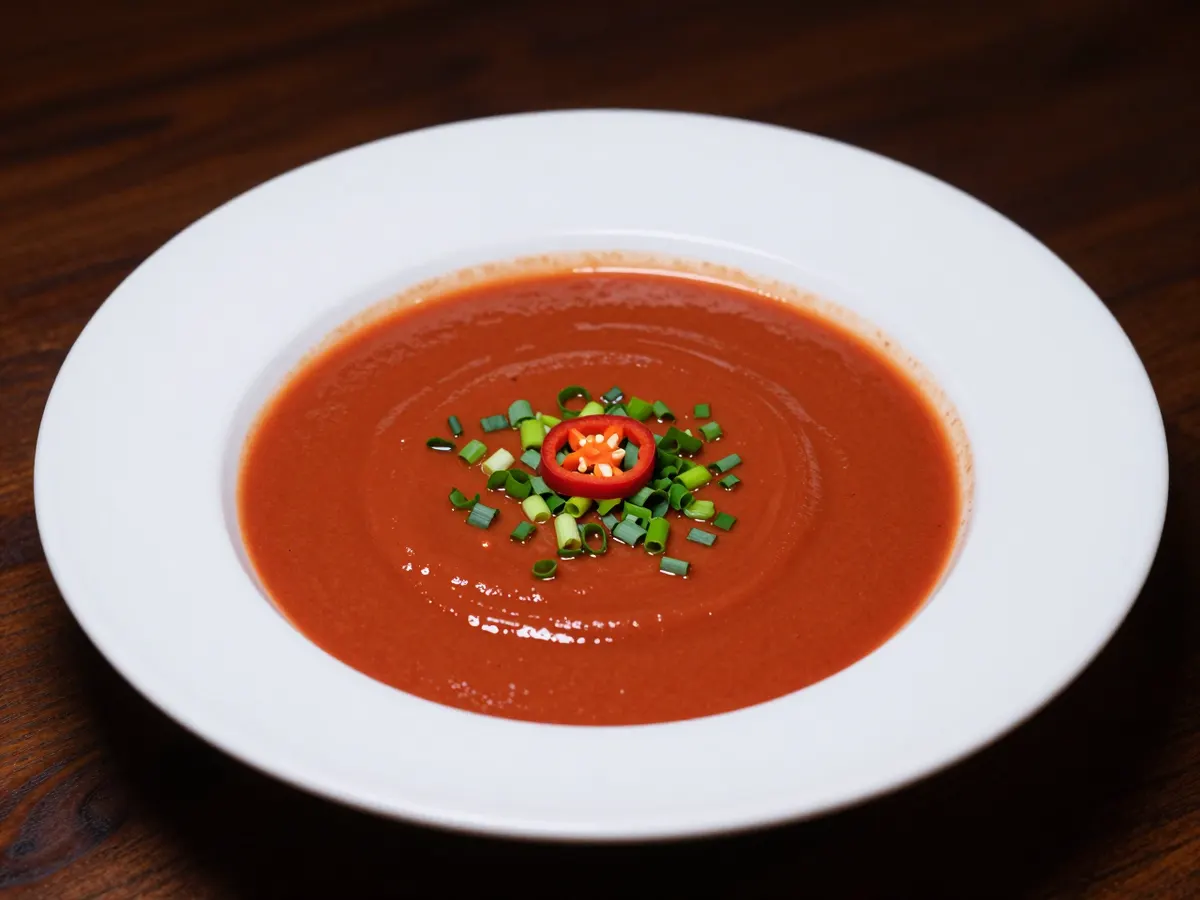 AI-generated photograph: A small wide rimmed white bowl of smooth glossy tomato red light soup, a fine scatter of green spring onion in the centre and a single thin ring of red chilli