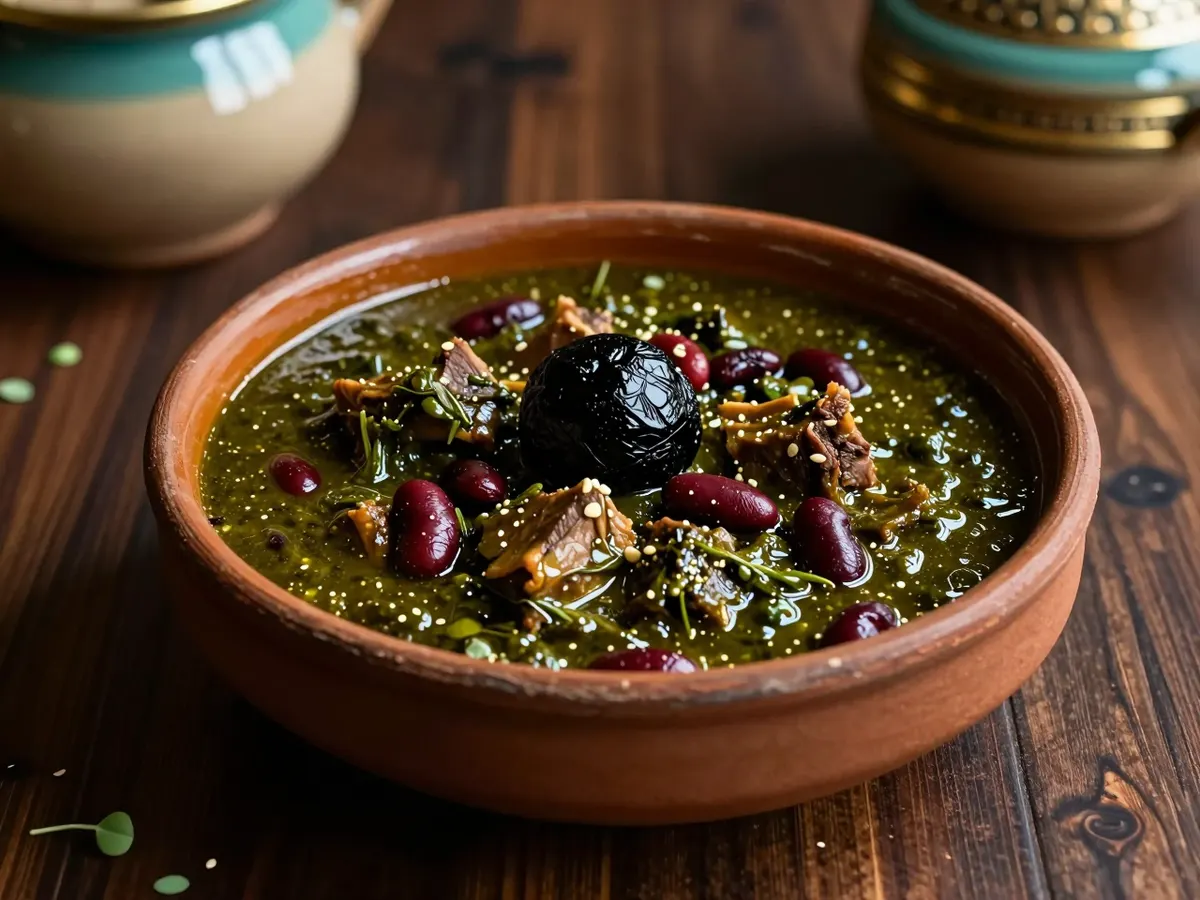 AI-generated photograph: A deep hand thrown earthenware bowl of very dark green herb stew with tender pieces of lamb and red kidney beans, a whole black dried lime sitting in the glossy sauce, seen from a low side angle