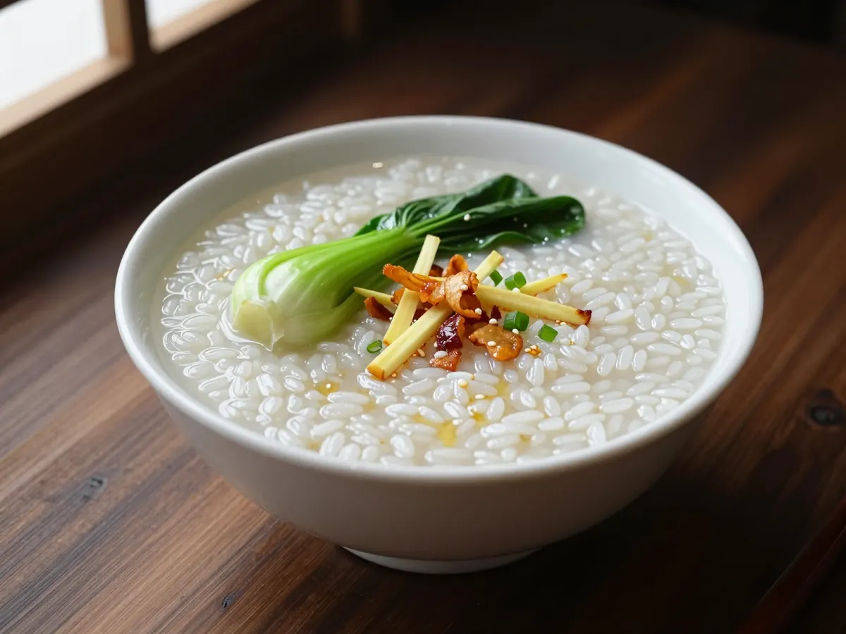 AI-generated photograph: Pale, silky rice congee in a white porcelain bowl, bright green pak choi to one side, a crown of golden crispy shallots and ginger, fine spring onion rings and coriander leaves, a thread of dark tamari
