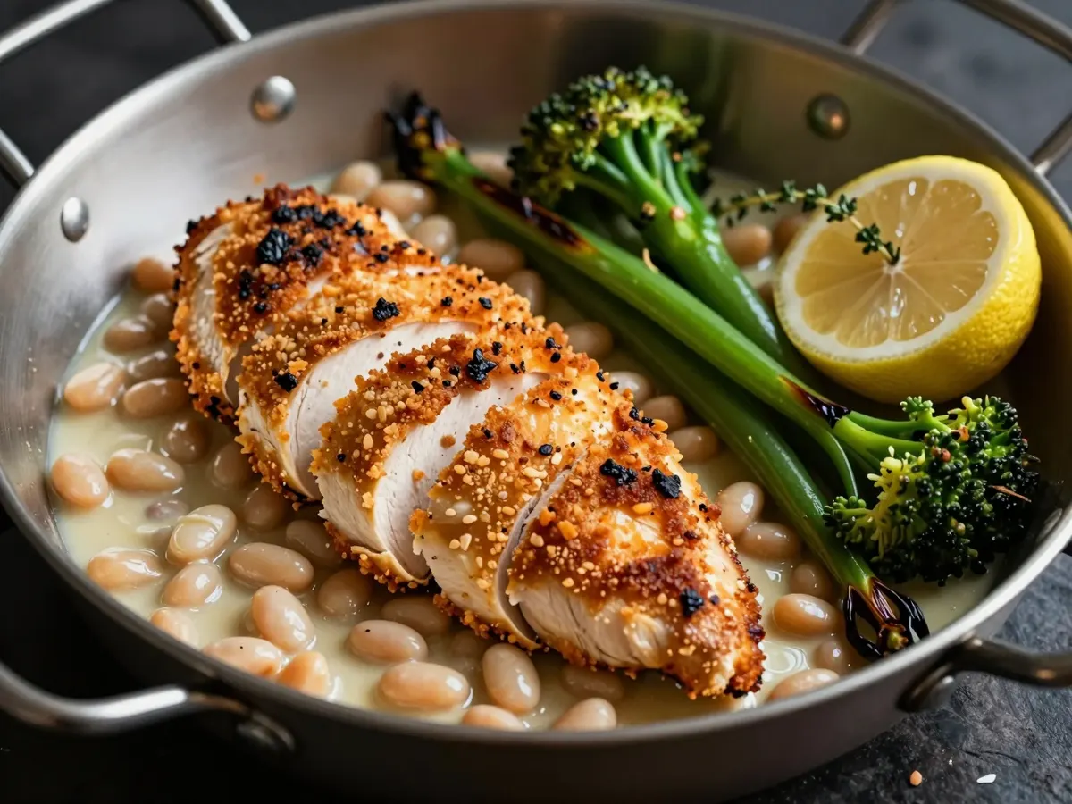 AI-generated photograph: Golden crumbed chicken on butter beans with green vegetables