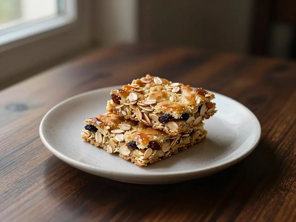 AI-generated photograph: Two thick golden flapjack bars stacked on a small speckled cream plate, glossy oats catching the light and a few plump raisins showing in the cut edge