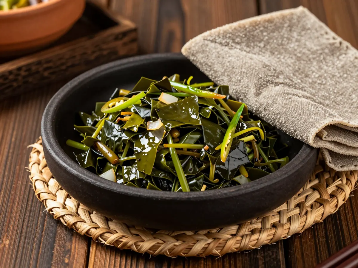 AI-generated photograph: A loose tangle of soft dark green collard ribbons with strips of bright green chilli and threads of onion, heaped in a shallow white enamel dish with a dark rim, seen from a low three quarter angle, nothing else in the dish