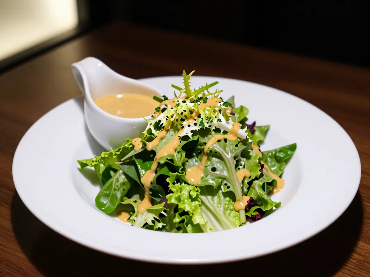 AI-generated photograph: Loosely piled butterhead and little gem leaves with pale cucumber half moons and peppery watercress in a wide white bowl, glistening with a creamy mustard dressing, snipped chives on top