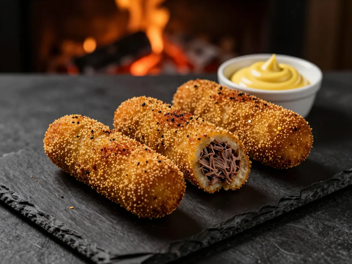 AI-generated photograph: Three golden croquettes with mustard mayonnaise