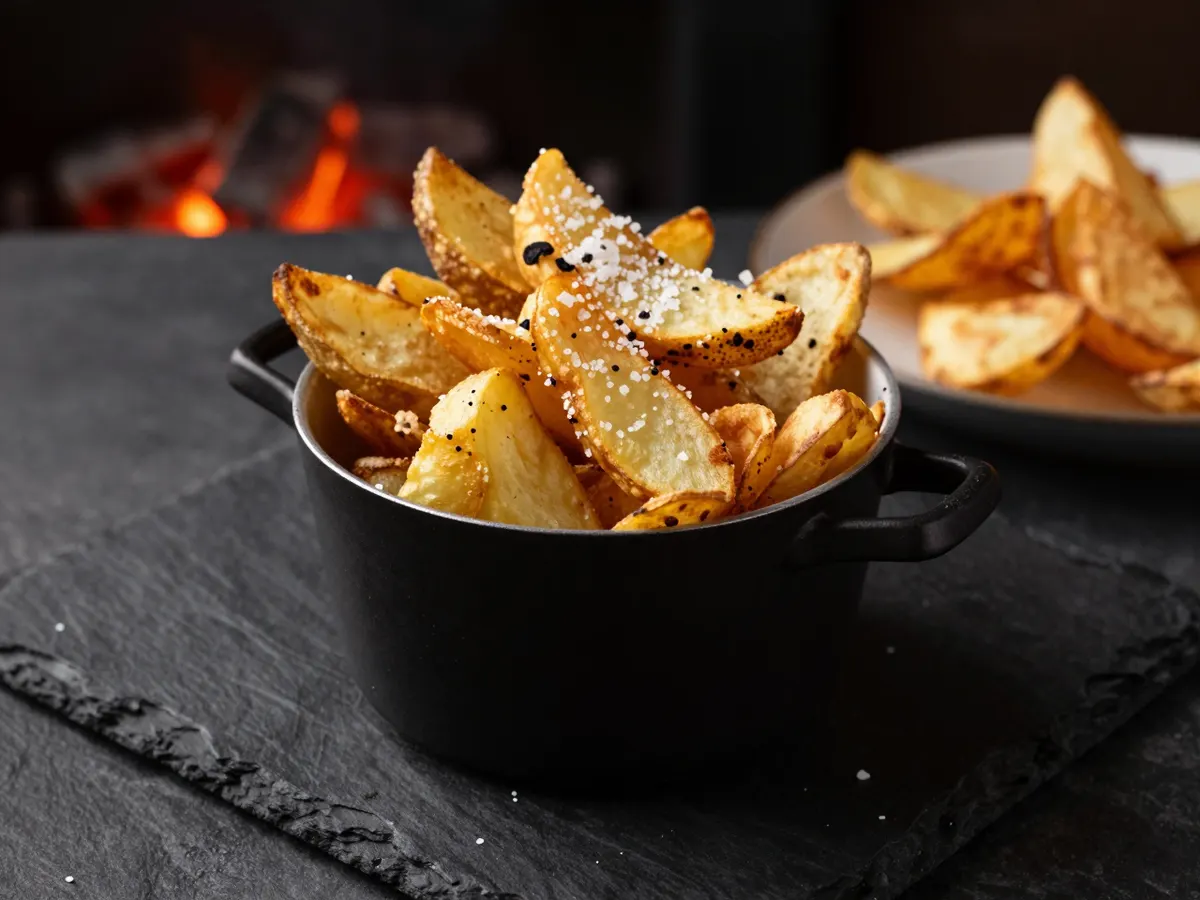 AI-generated photograph: A pot of thick cut golden chips