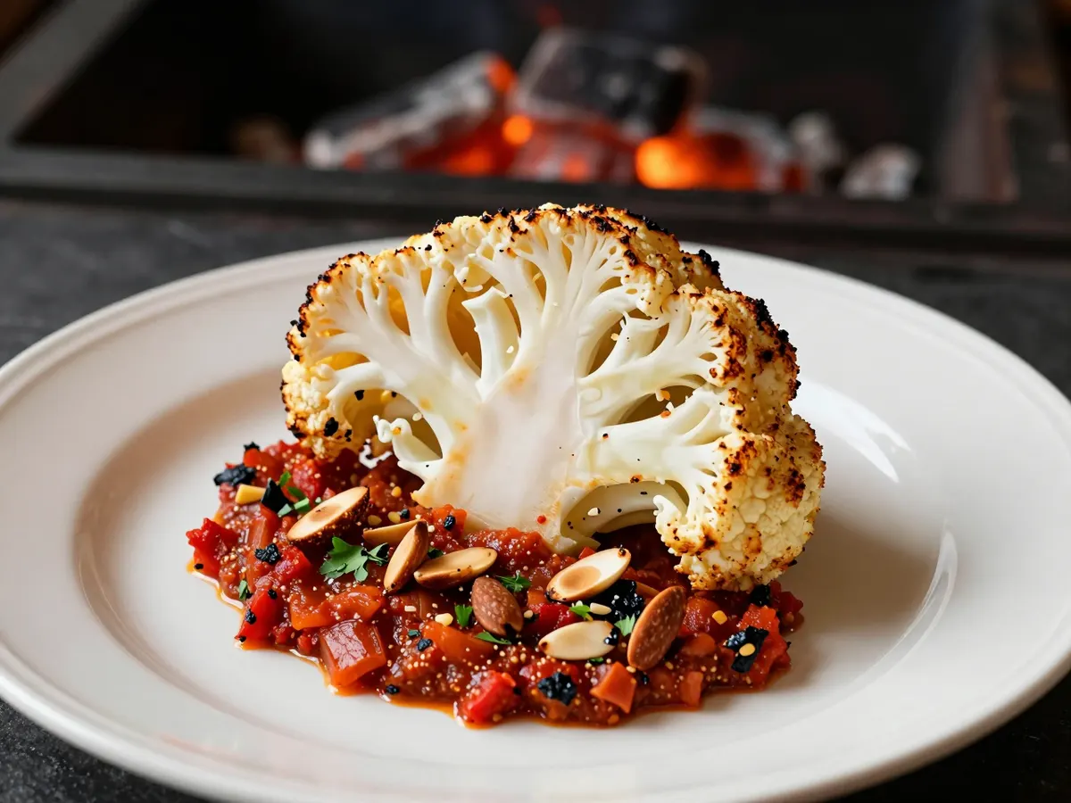 AI-generated photograph: A thick slice of charred cauliflower on red pepper sauce