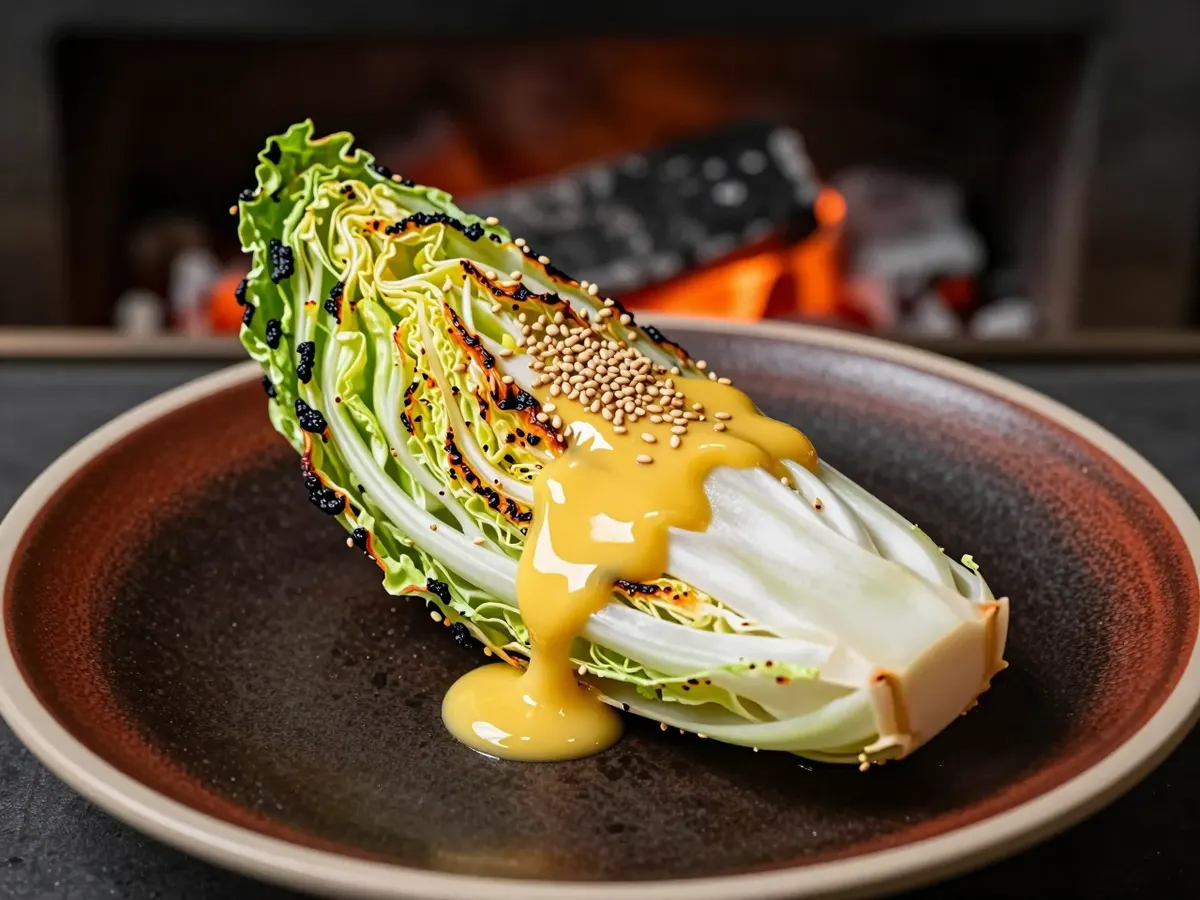 AI-generated photograph: A charred wedge of pointed cabbage glossed with butter