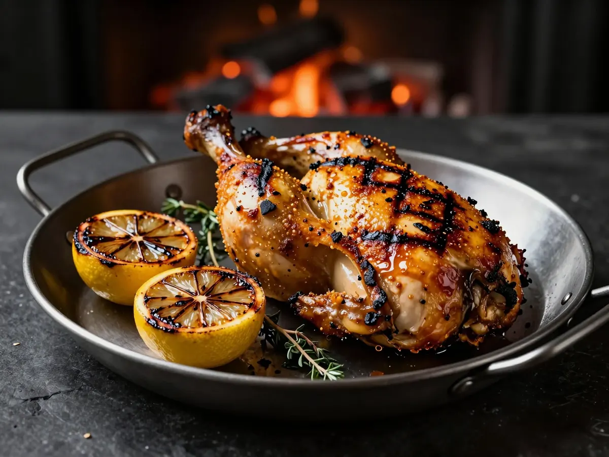 AI-generated photograph: A grilled half chicken with charred lemon halves
