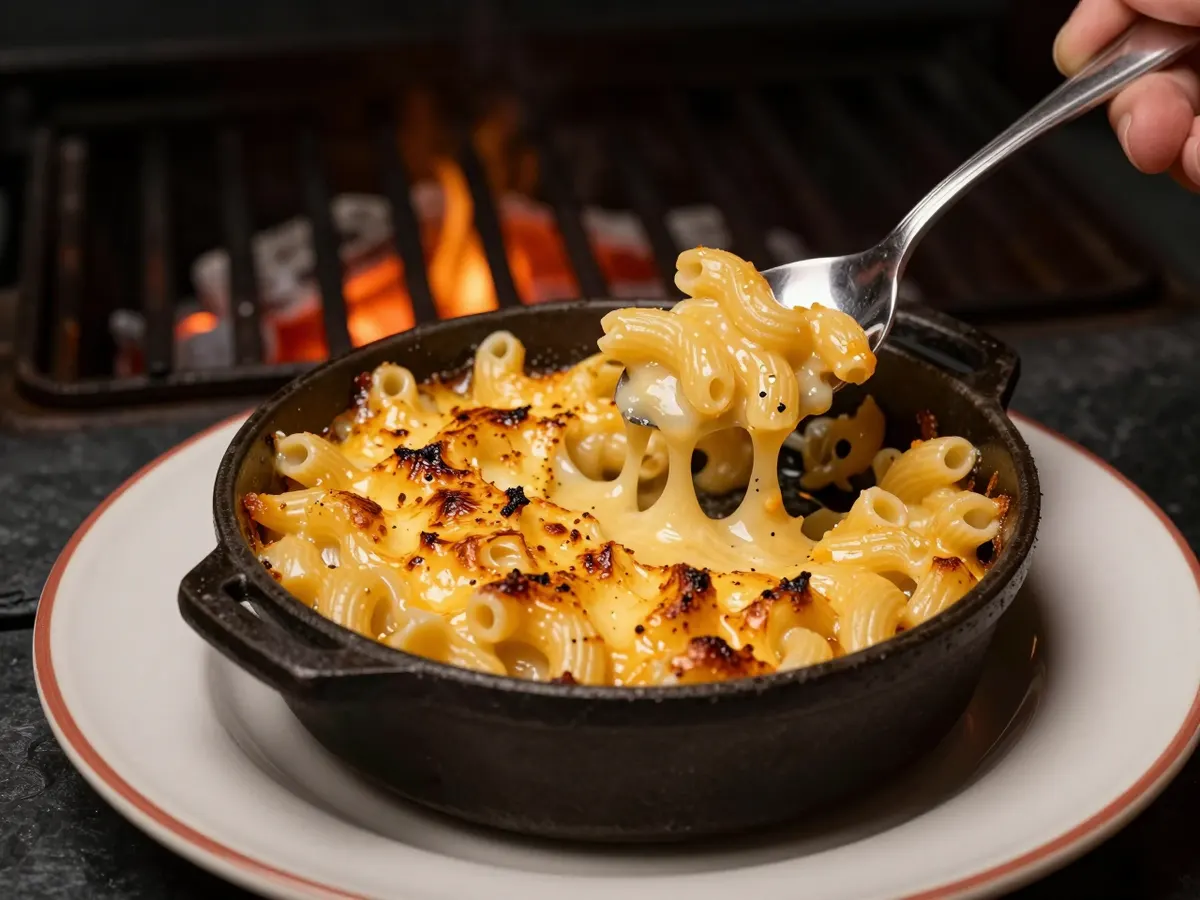 AI-generated photograph: A small dish of baked macaroni cheese